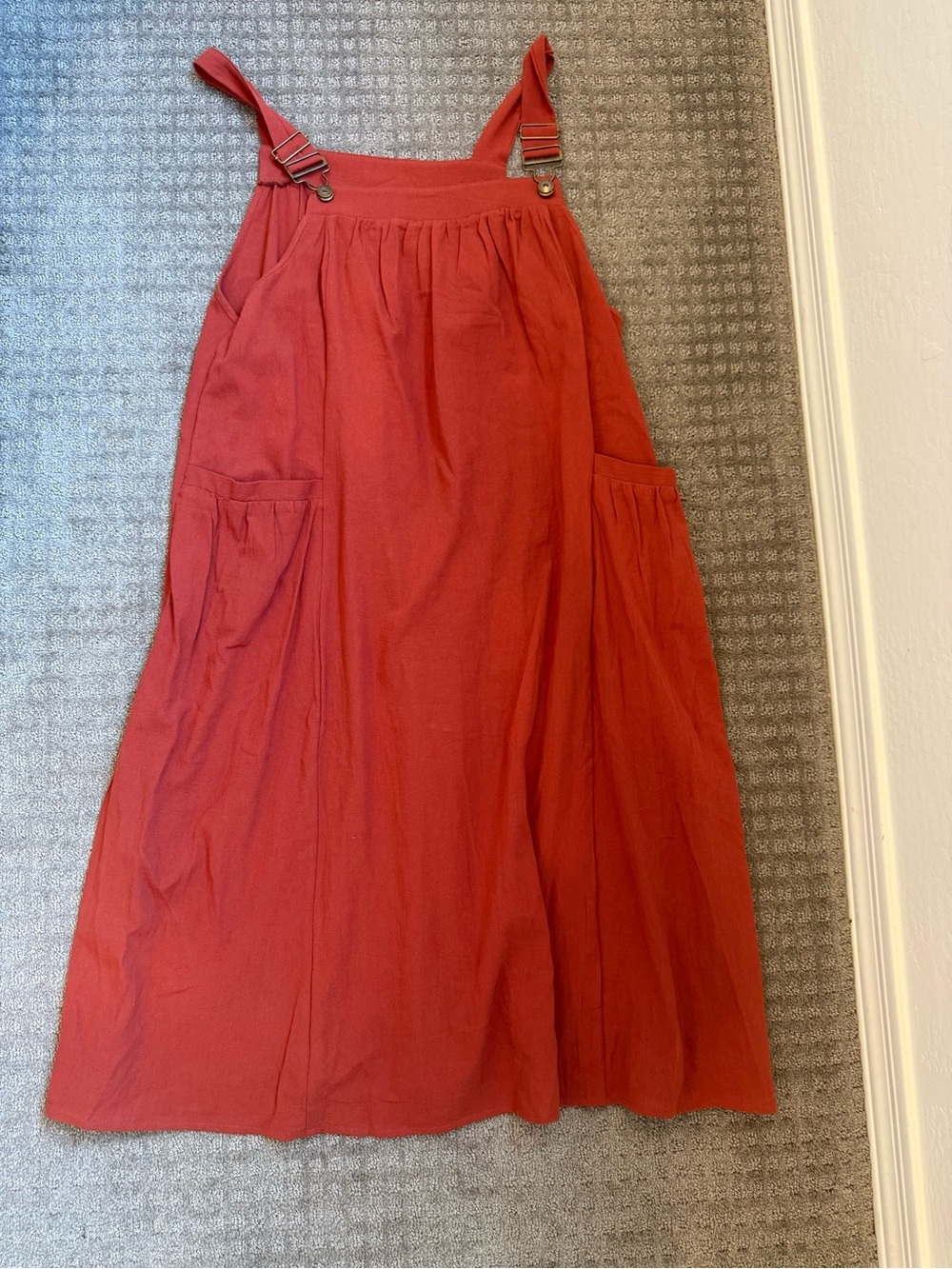BloomChic Rust Red Maxi Pinafore Skirt with Pockets